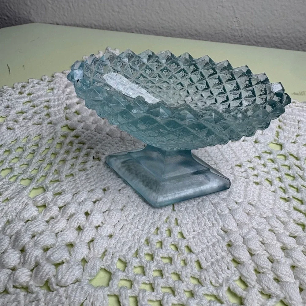 Vintage Blue Salt Dip Dish Trinket Dish Cottagecore Diamond Point Pressed Glass
